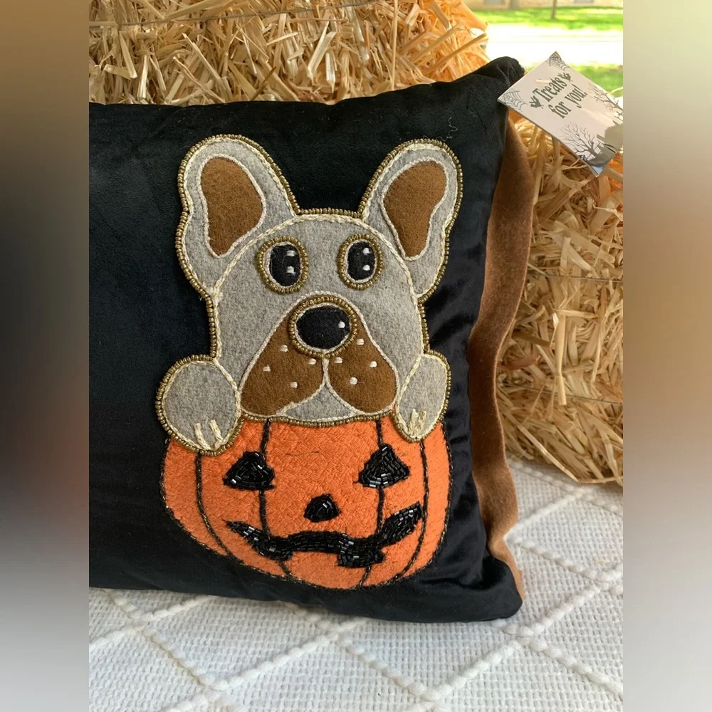 Halloween Decor Pillow Puppy Frenchies in Pumpkins- NWT